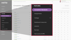 Educator account in Xello with the Features menu open with cursor selecting Completion Standards